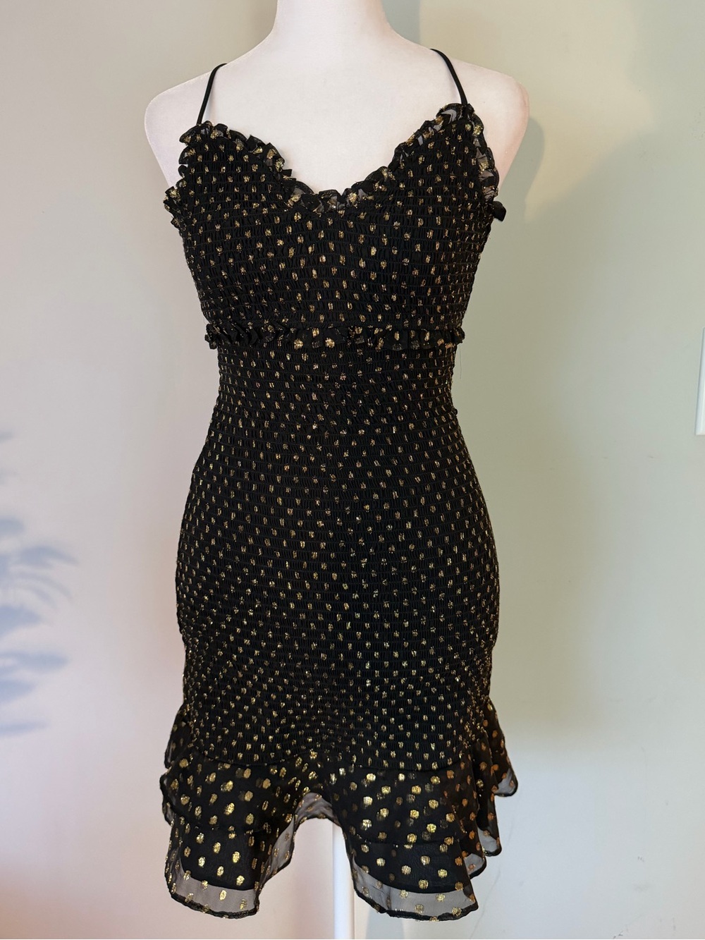 Revolve LIKELY Zephra Black Gold Metallic Dot Smocked Ruffle Mini Dress Size 4